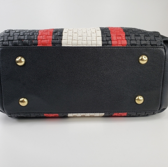 Clever Carriage Black Red & Ivory Striped Weaved Leather Beautiful Shoulder Bag - Picture 5 of 11